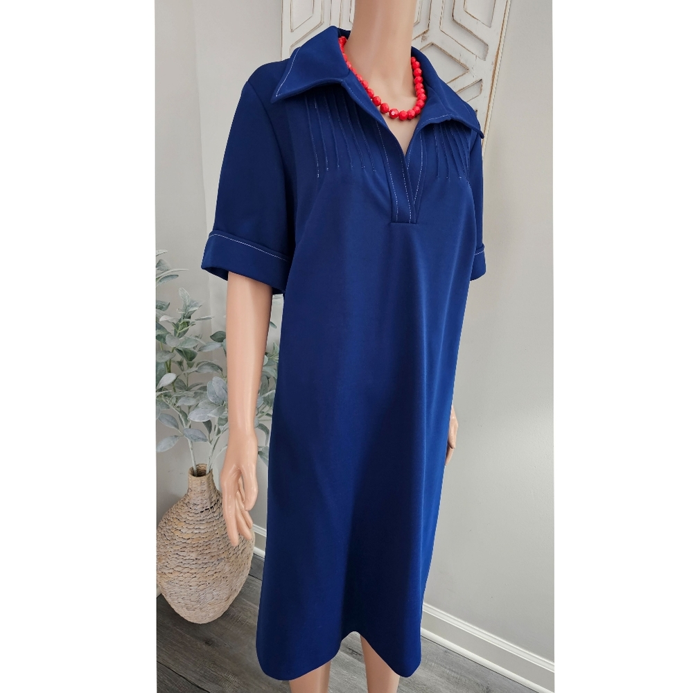 Vintage Navy Blue Shirt Oversized Collar Short Sleeve Midi Dress